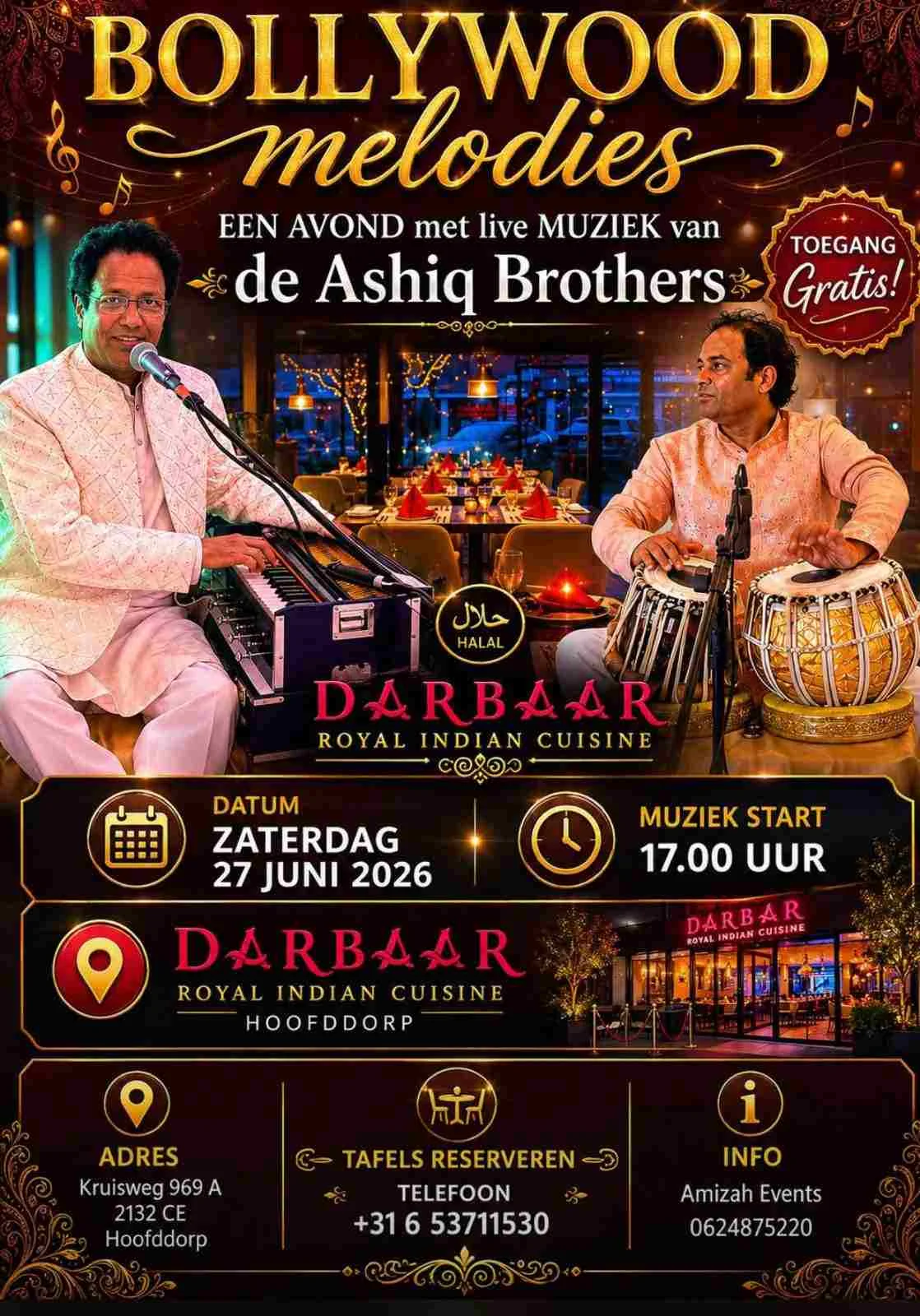 Bollywood Melodies poster — live music by the Ashiq Brothers at Darbaar Royal Indian Cuisine, Hoofddorp, 27 June 2026