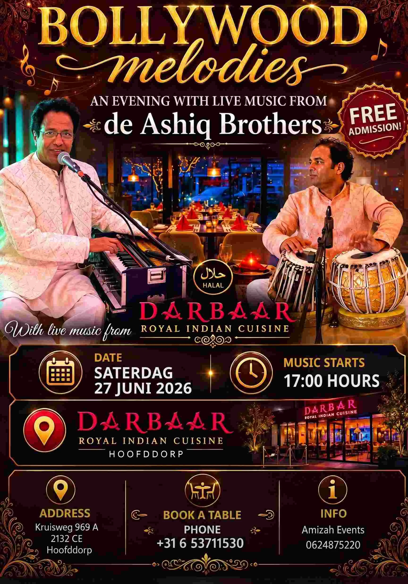 Bollywood Melodies poster — live music by the Ashiq Brothers at Darbaar Royal Indian Cuisine, Hoofddorp, 27 June 2026