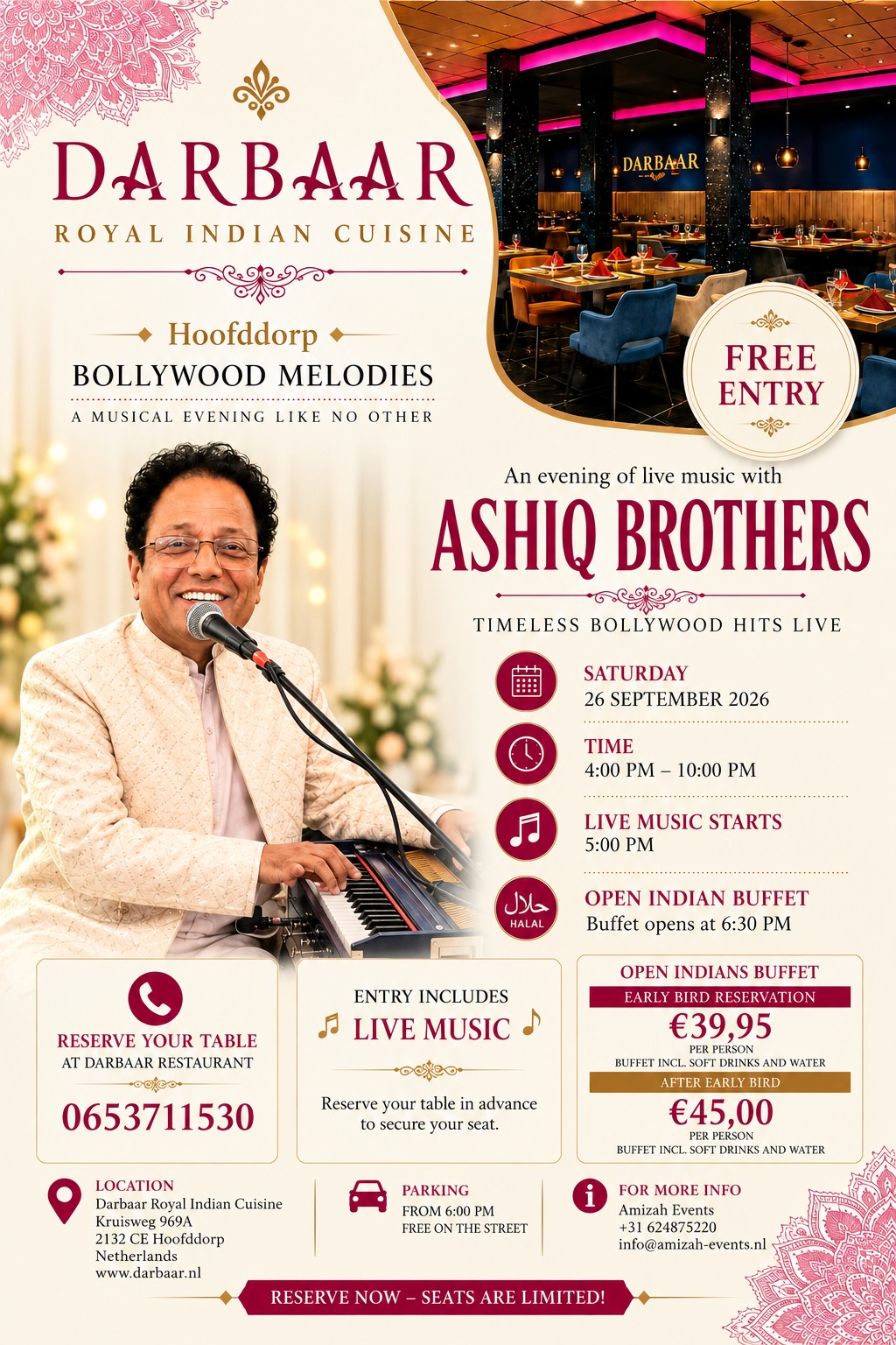 Bollywood Melodies poster — live music by the Ashiq Brothers at Darbaar Royal Indian Cuisine, Hoofddorp, 26 september 2026