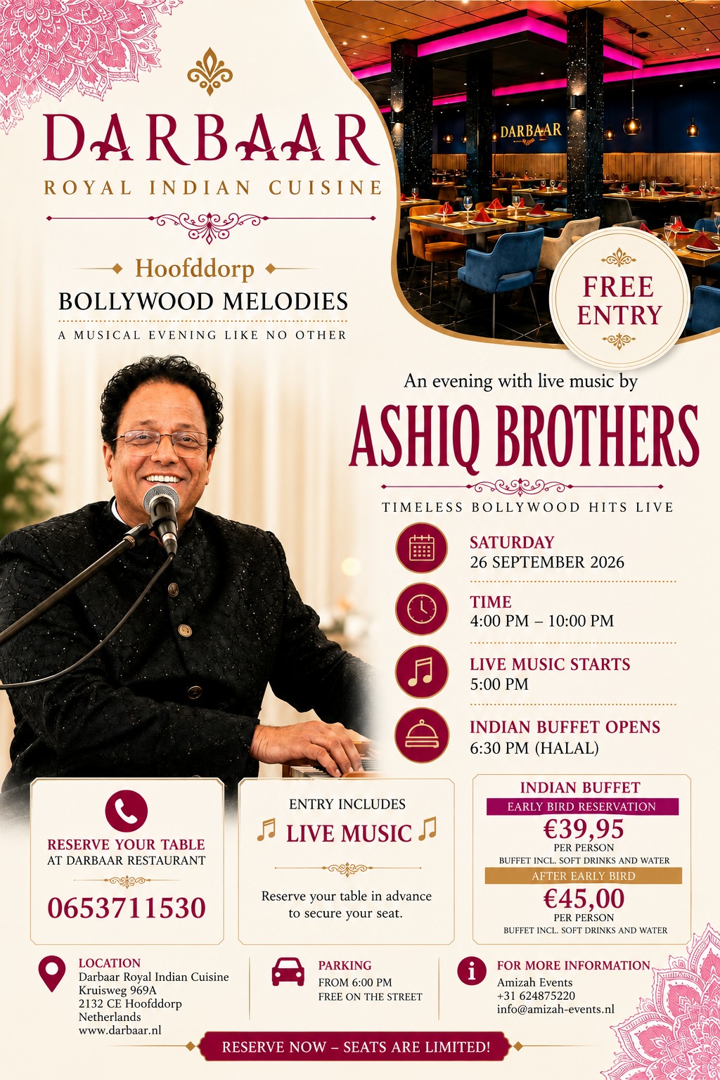 Bollywood Melodies poster — live music by the Ashiq Brothers at Darbaar Royal Indian Cuisine, Hoofddorp, 27 June 2026