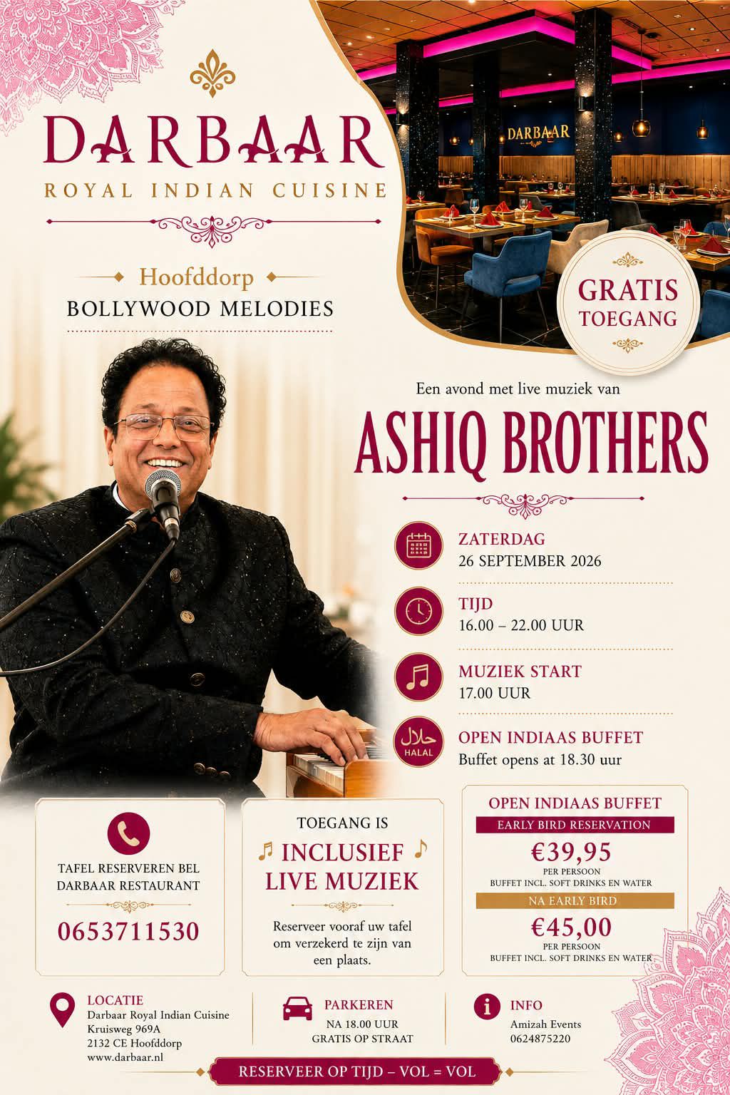Bollywood Melodies poster — live music by the Ashiq Brothers at Darbaar Royal Indian Cuisine, Hoofddorp, 27 June 2026