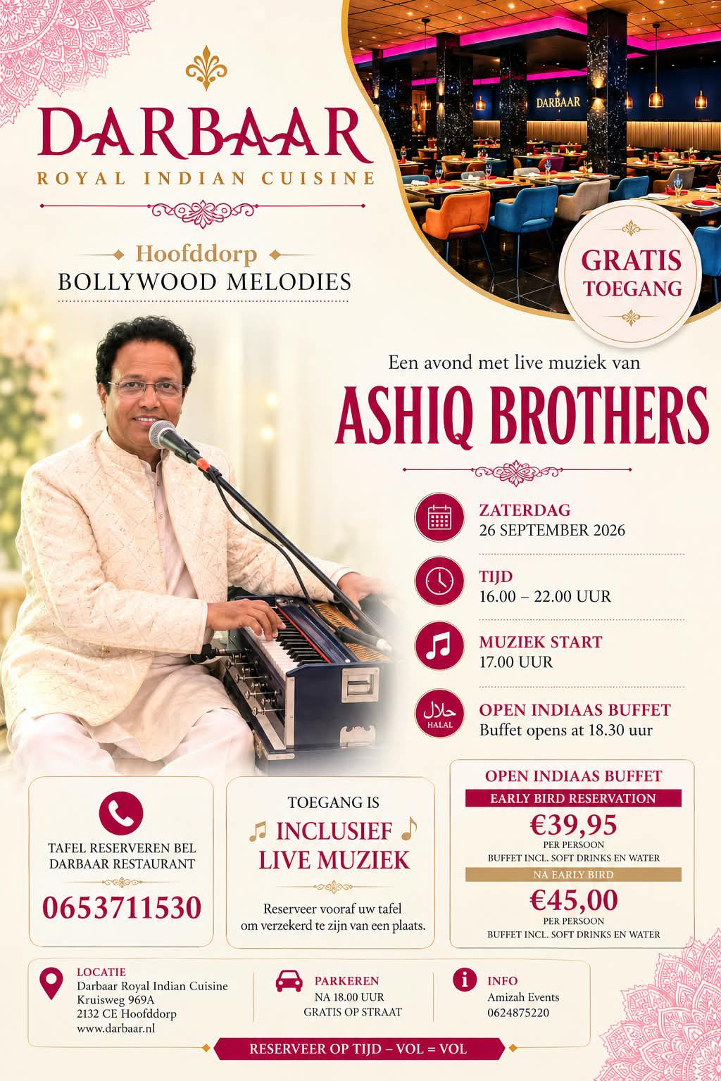 Bollywood Melodies poster — live music by the Ashiq Brothers at Darbaar Royal Indian Cuisine, Hoofddorp, 26 september 2026