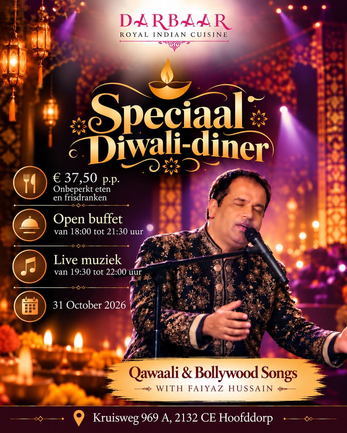 Bollywood Melodies poster — live music by the Ashiq Brothers at Darbaar Royal Indian Cuisine, Hoofddorp, 27 June 2026